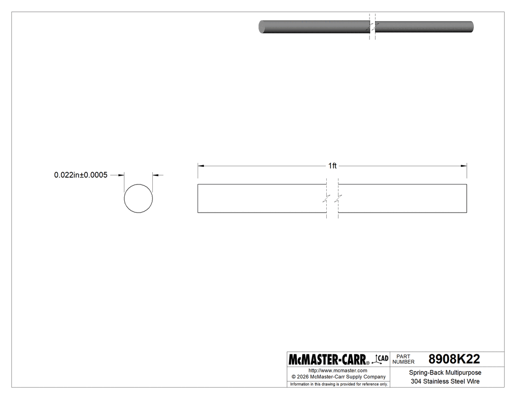Technical Drawing of Spring-Back Multipurpose 304 Stainless Steel Wire, 1 Foot Long, 0.022" Diameter.